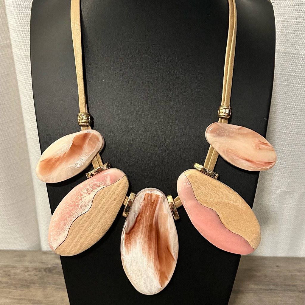 Rush By Denis & Charles Large Chunky Statement Necklace #G44 Tan Pink Gold Tone